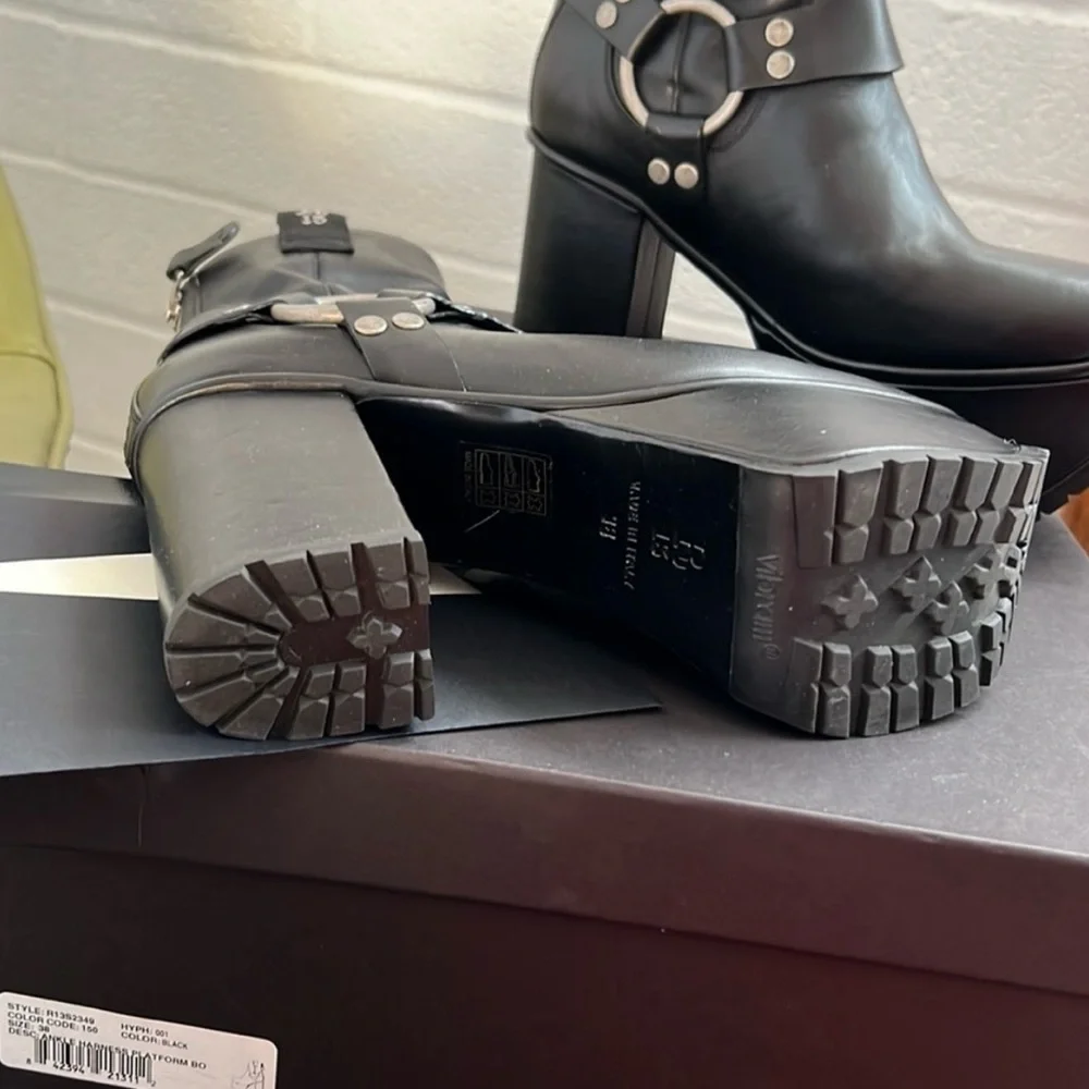 R13 Black Heeled Boots with Platform and Silver Hardware - Picture 4 of 6